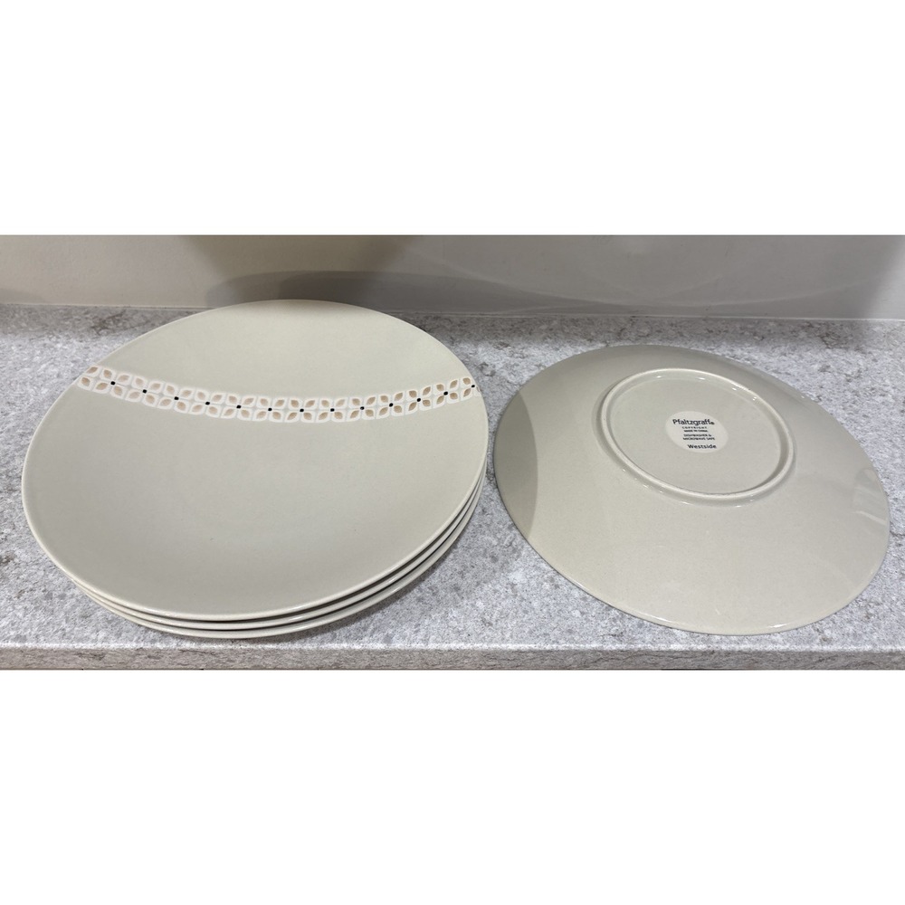 Pfaltzgraff Westside Dinner Plates Cream Flowers Dots on Taupe - Set Of 4 EUC - Picture 10 of 11